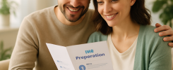 A couple looking over IVF preparation guides in a welcoming clinic environment.