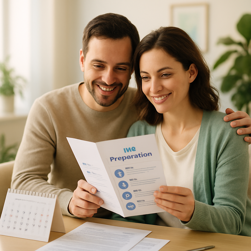A couple looking over IVF preparation guides in a welcoming clinic environment.
