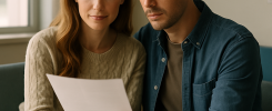A hopeful couple in a clinic, reviewing IVF quota application documents in a bright,