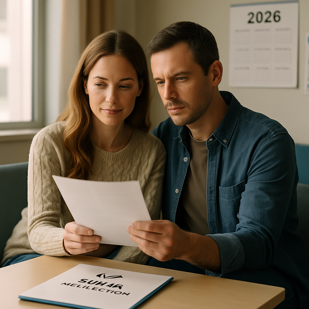 A hopeful couple in a clinic, reviewing IVF quota application documents in a bright,