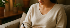 A tranquil scene of a woman practicing self-care post-embryo transfer, highlighting relaxation and nourishment.