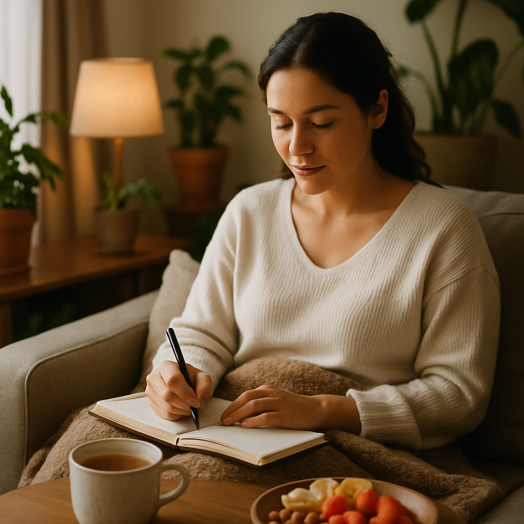A tranquil scene of a woman practicing self-care post-embryo transfer, highlighting relaxation and nourishment.