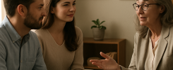 A couple receiving emotional support from a psychologist in a warm and inviting office