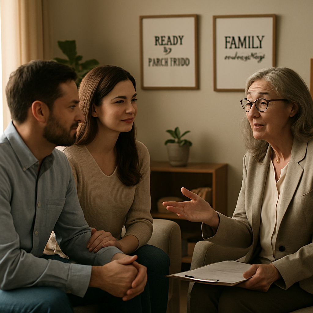 A couple receiving emotional support from a psychologist in a warm and inviting office