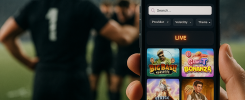 Close-up documentary-style photo: a smartphone with a casino app UI (search bar, filter chips,