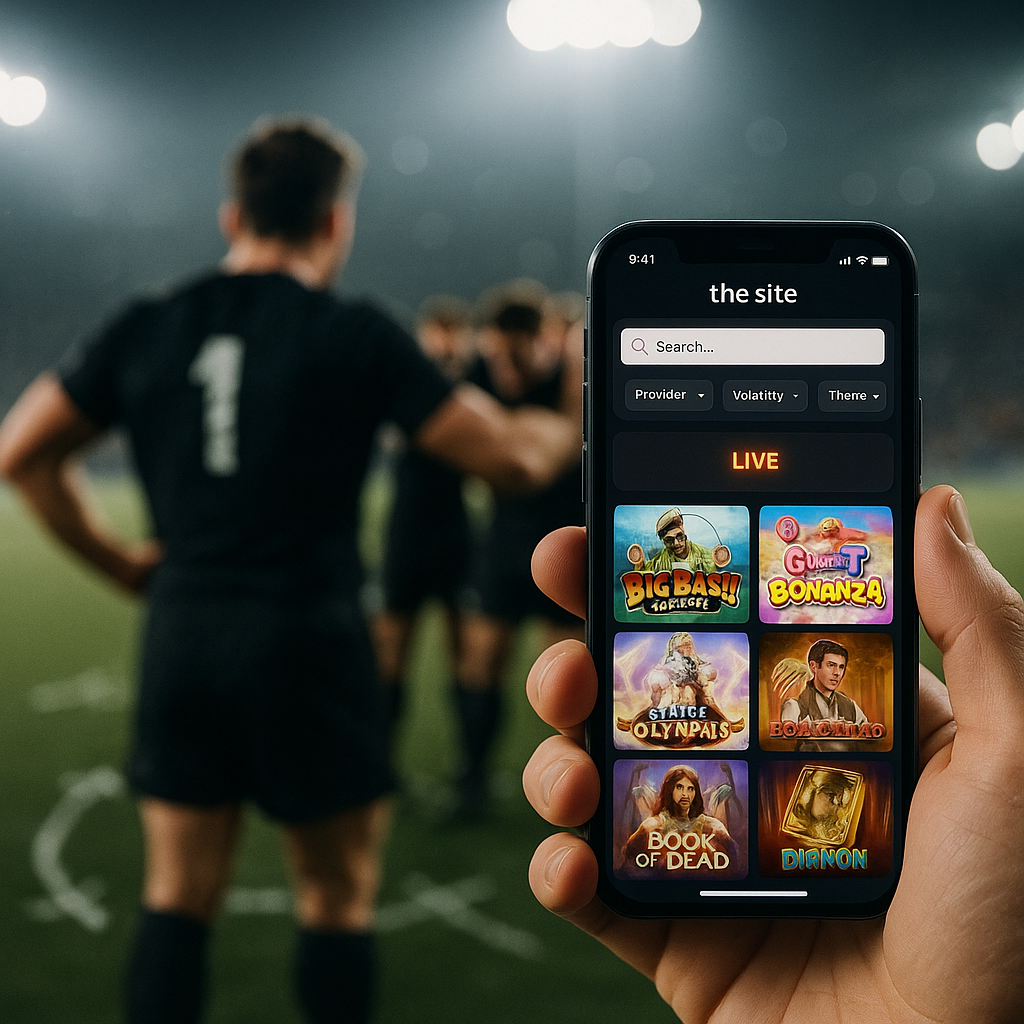 Close-up documentary-style photo: a smartphone with a casino app UI (search bar, filter chips,