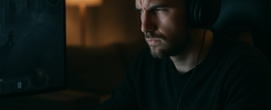 A focused gamer in a dark-themed room, illustrating the comfort and effectiveness of a