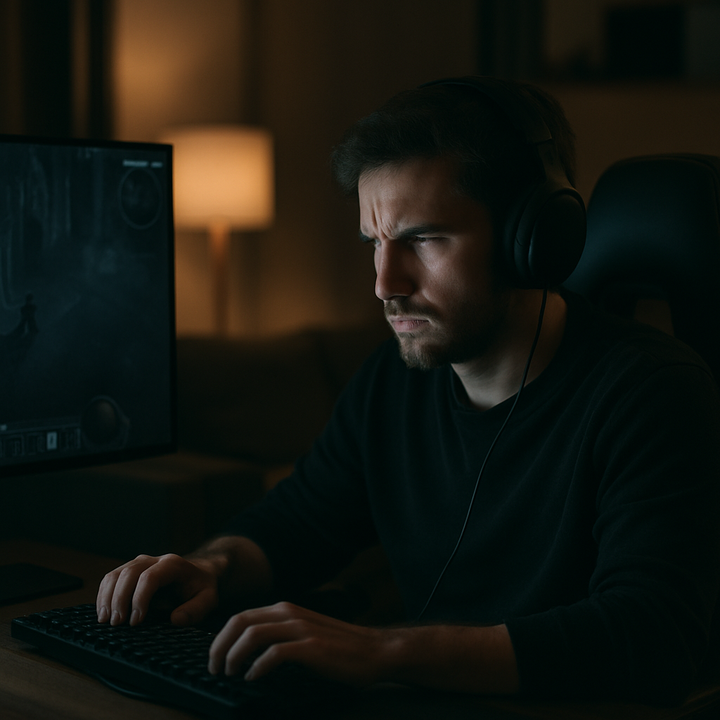 A focused gamer in a dark-themed room, illustrating the comfort and effectiveness of a